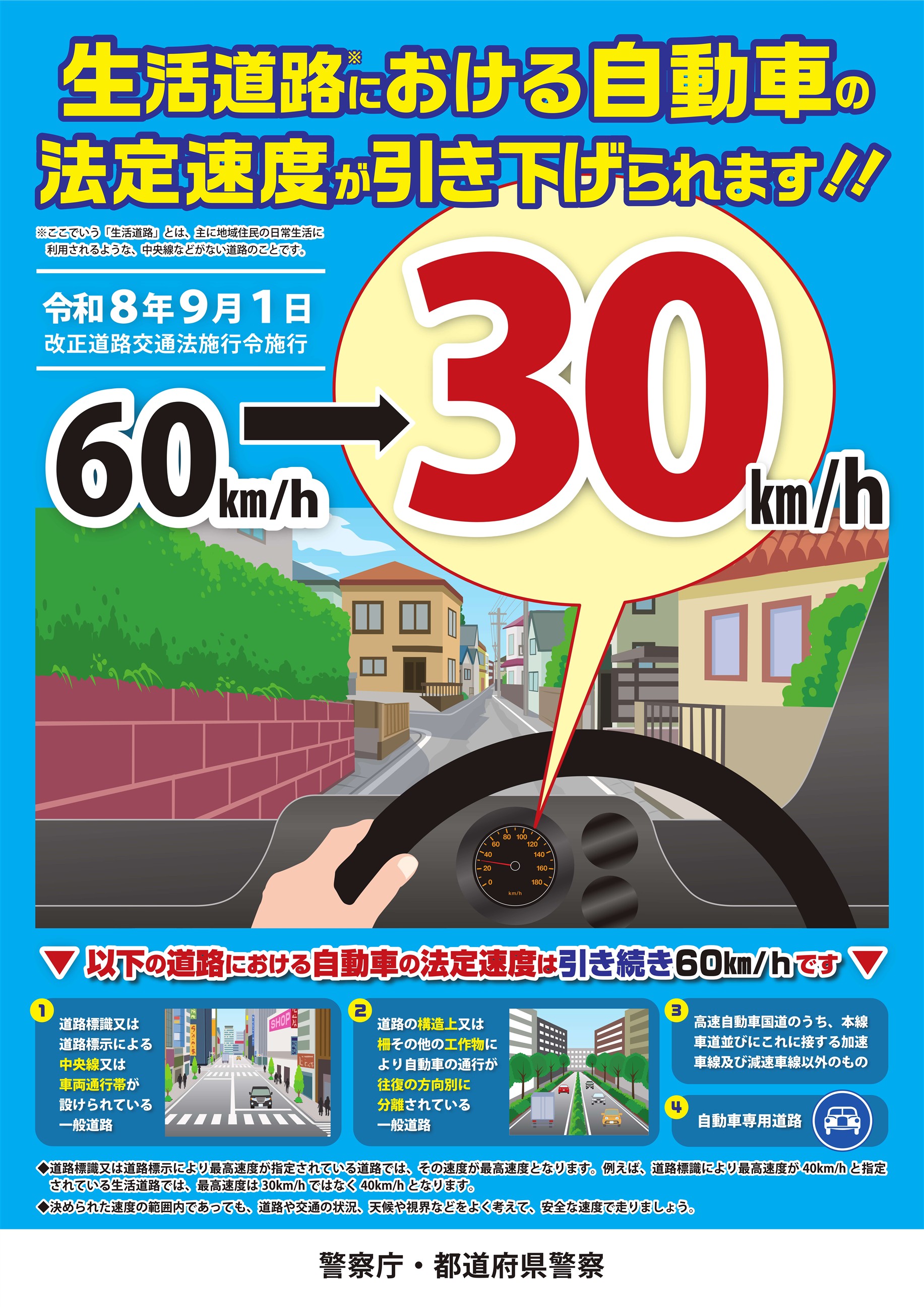 生活道路における自動車の法定速度が30km/hに引き下げられます
